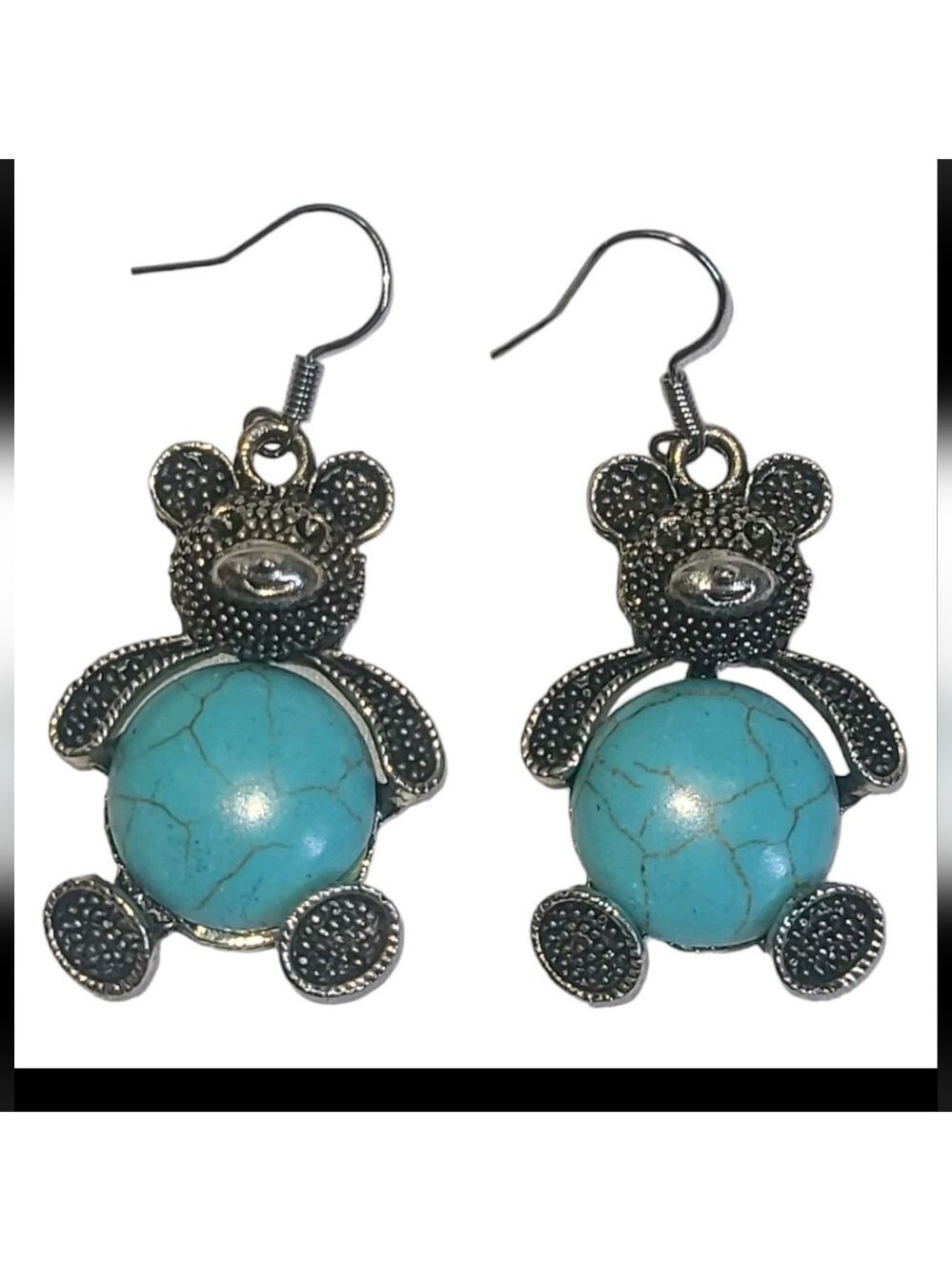 Turquoise & Silver Tone Teddy Bear Dangle Earrings - Picture 1 of 5